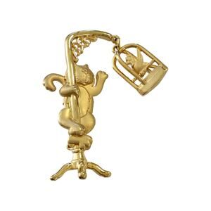 Vintage JJ Jonette Cat with Bird Cage Articulated Gold Tone Brooch Pin